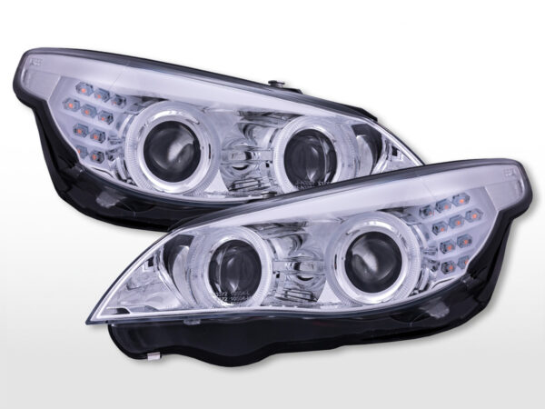 Phares Xénon Angel Eyes avec anneaux de feux de stationnement éclairés à LED BMW Série 5 E60/E61 2008-2010 chromé -