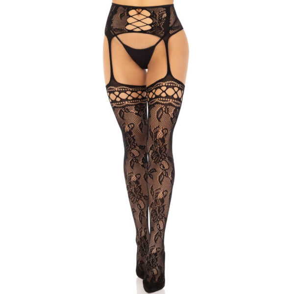 LEG AVENUE - BAS JARRETIÈRE DENTELLE FLORALE NOIR -