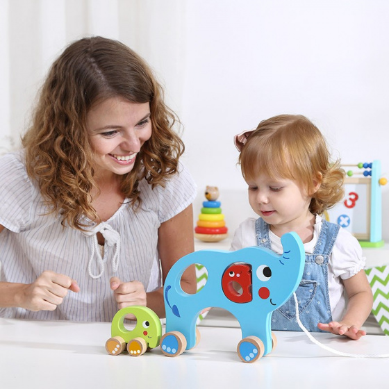 Jouets récréatifs Figurine à tirer éléphant en bois 18 mois Bleu 3 pièces - Tooky Toy – Image 11