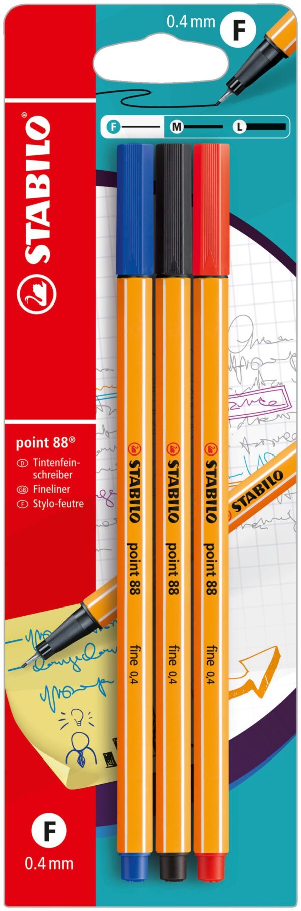 Blister x 3 STABILO point 88 - noir + bleu + rouge