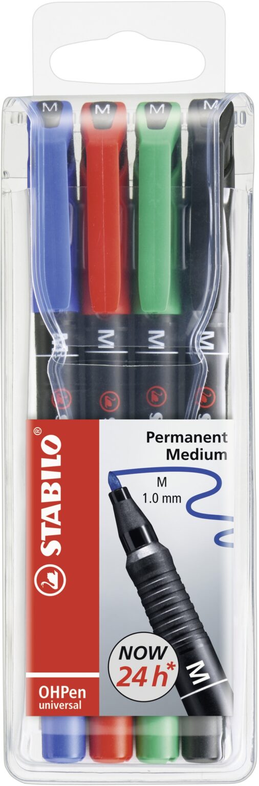 Pochette x 4 STABILO OHPen permanent 1 mm - noir + bleu + rouge + vert