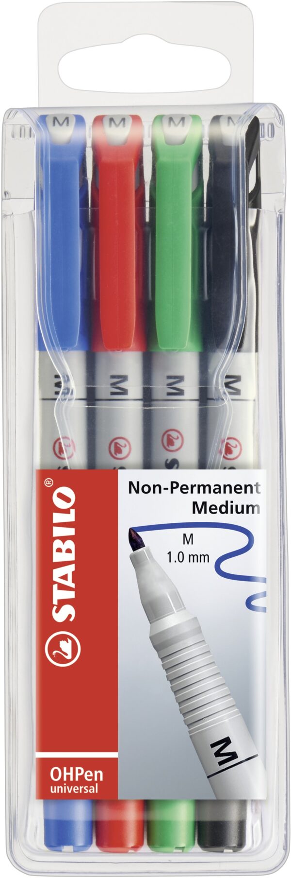 Pochette x 4 STABILO OHPen soluble 1 mm - noir + bleu + rouge + vert - Carton de 5 pièces
