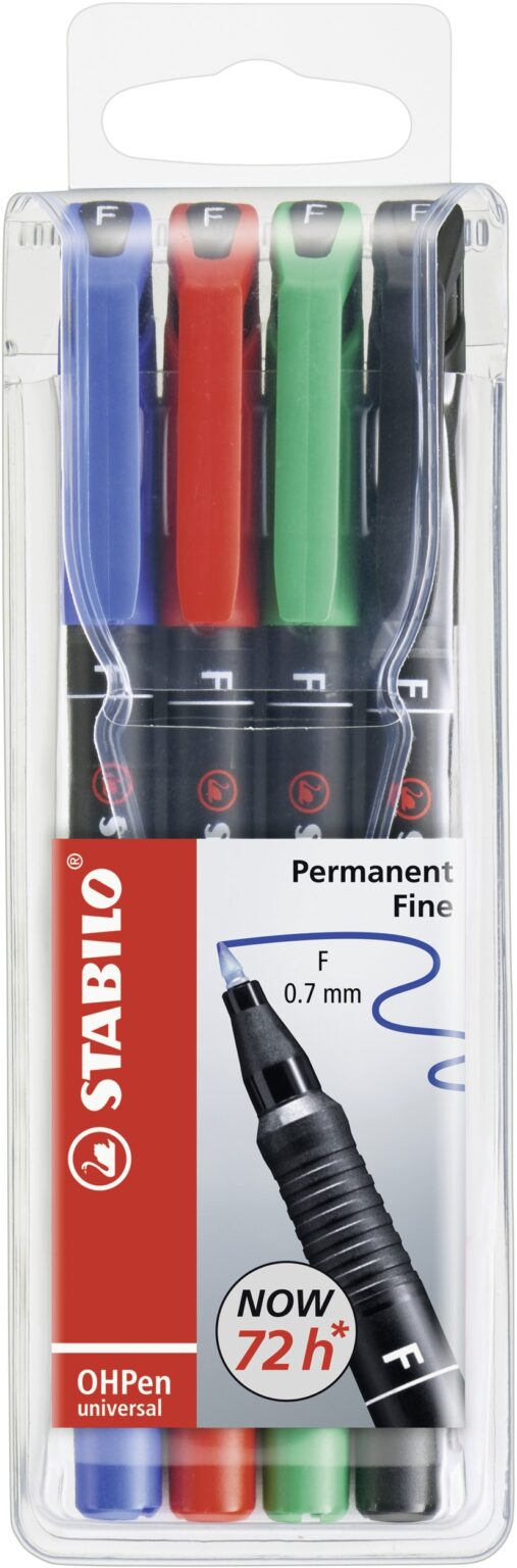 Pochette x 4 STABILO OHPen permanent 0,7 mm - noir + bleu + rouge + vert - Carton de 5 pièces