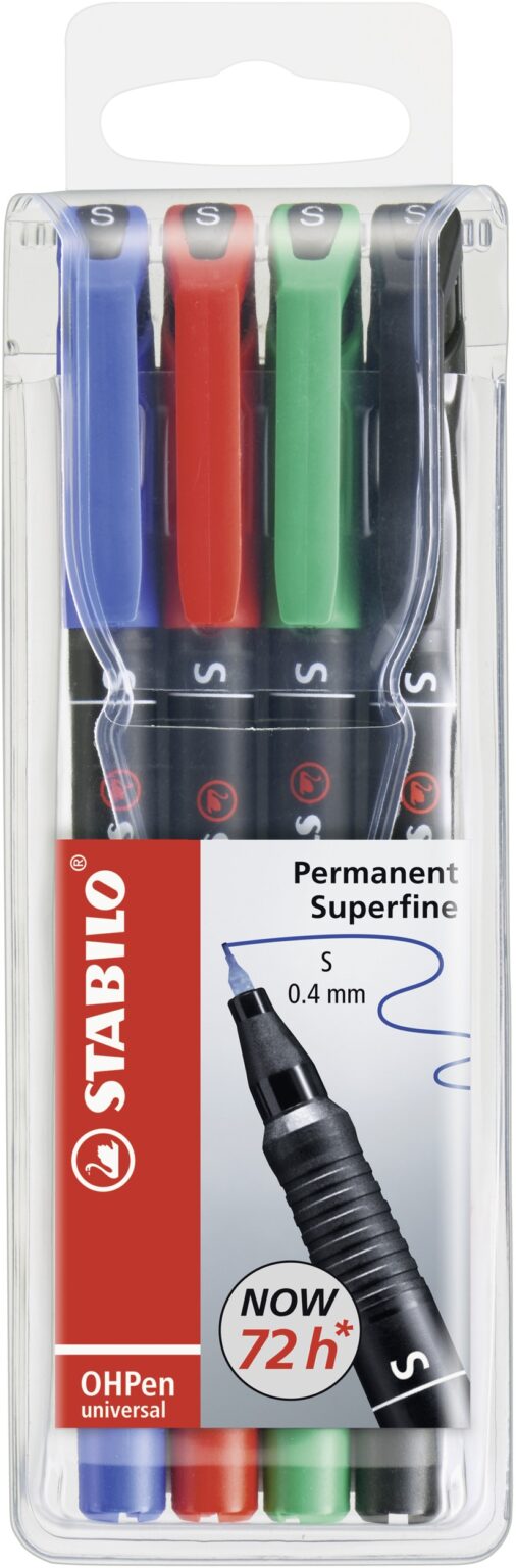 Pochette x 4 STABILO OHPen permanent 0,4 mm - noir + bleu + rouge + vert - Carton de 5 pièces