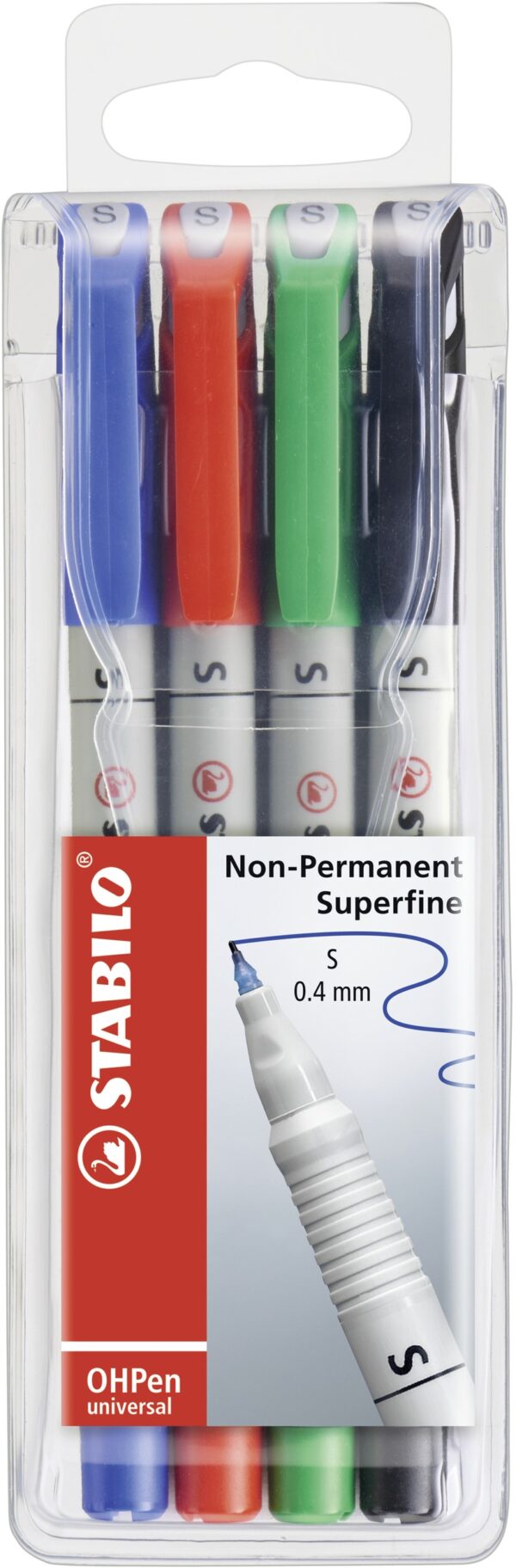 Pochette x 4 STABILO OHPen soluble 0,4 mm - noir + bleu + rouge + vert