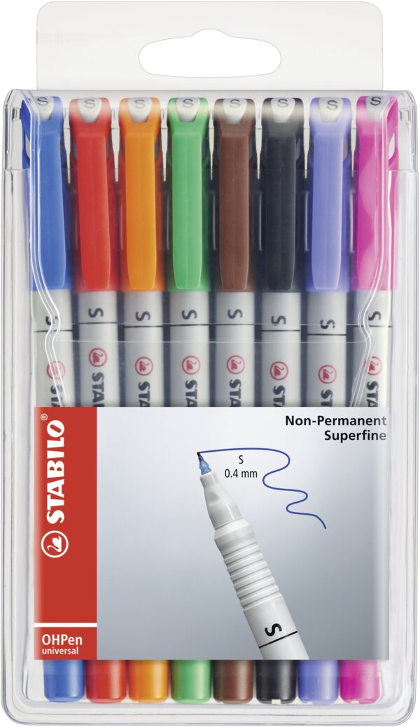 Pochette x 8 STABILO OHPen soluble 0,4 mm - noir + bleu + rouge + vert