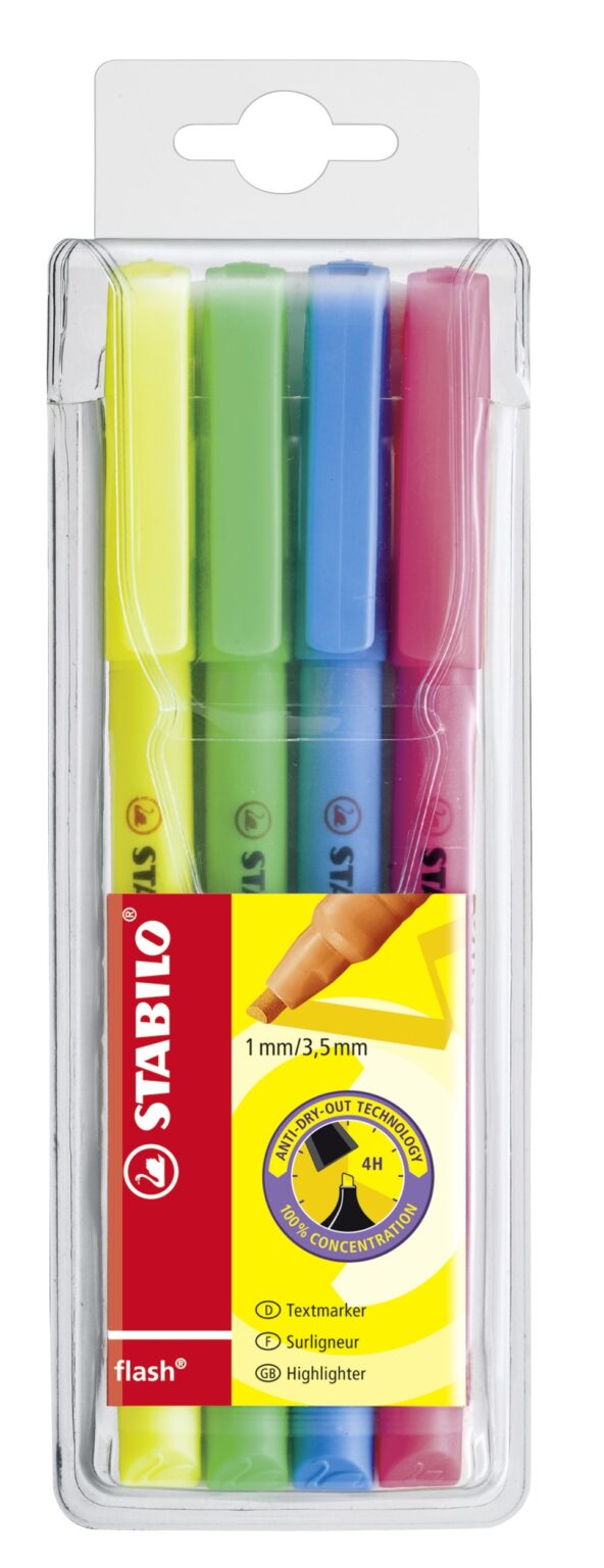 Pochette x 4 STABILO flash - jaune + bleu + vert + rose - Carton de 5 pièces