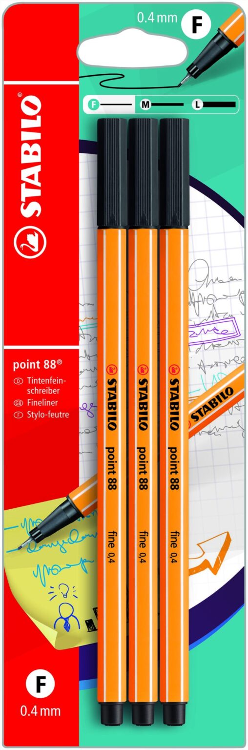 Blister x 3 STABILO point 88 - noir - Carton de 10 pièces