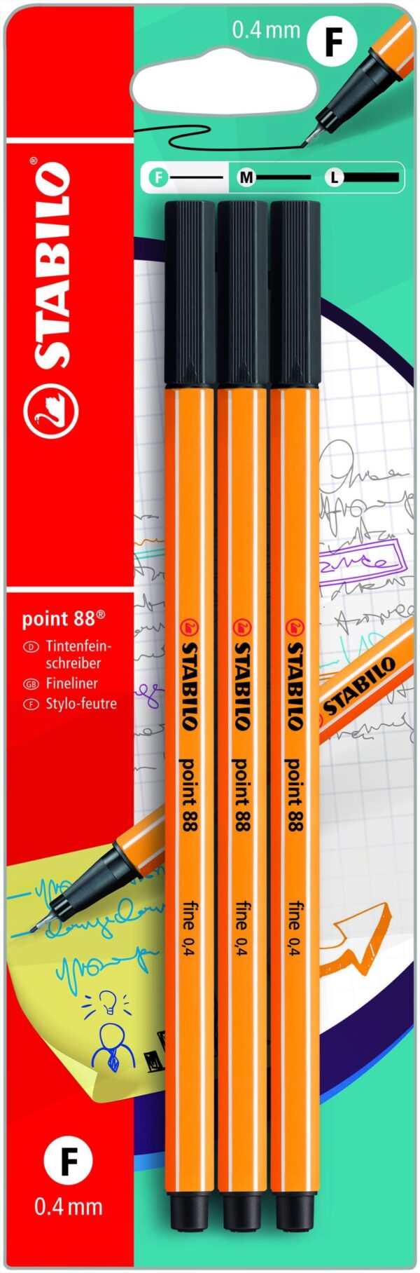 Blister x 3 STABILO point 88 - noir - Carton de 10 pièces
