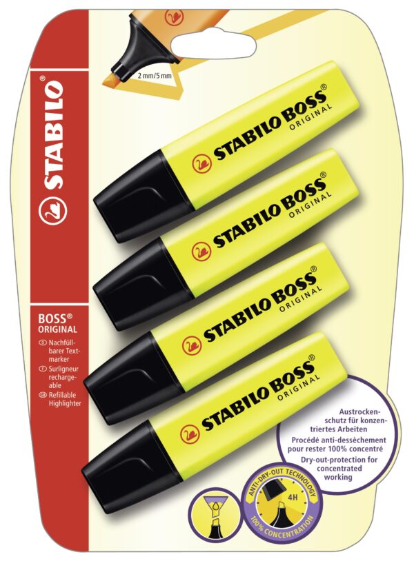 Blister carton x 4 STABILO BOSS ORIGINAL - jaune + orange + rose + vert