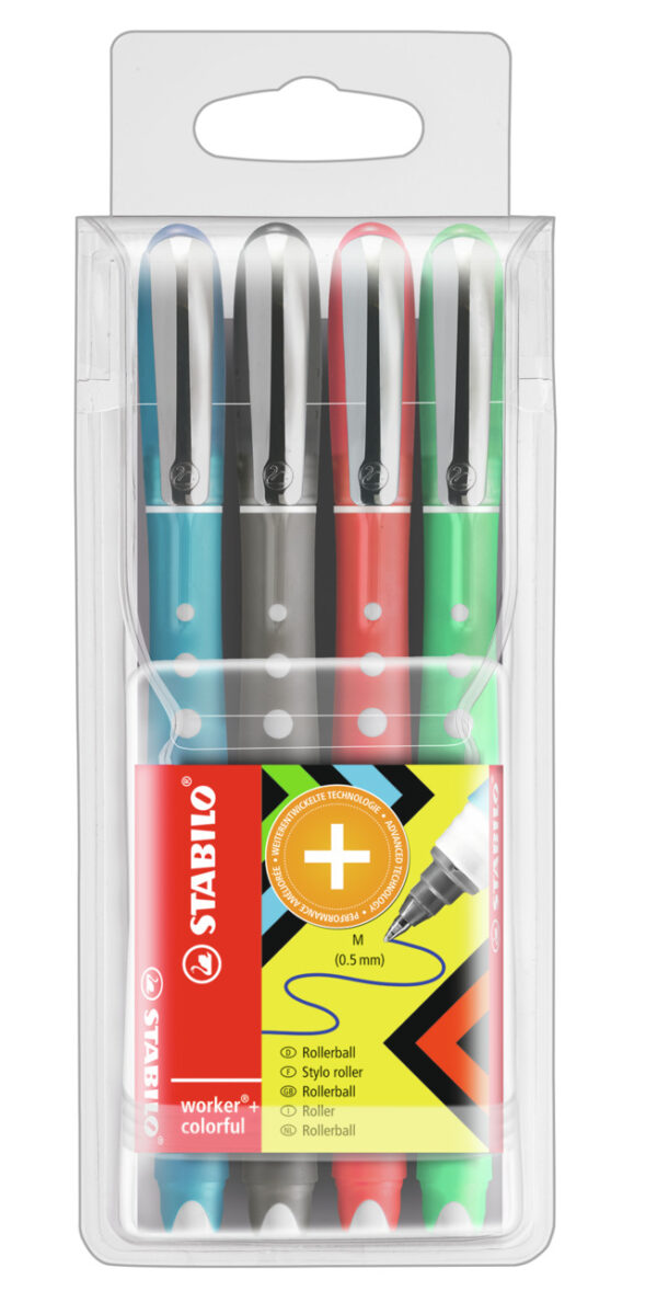 Pochette x 4 STABILO worker+ colorful 0,5 mm - noir + bleu + rouge + vert