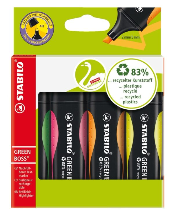 Etui carton x 4 STABILO GREEN BOSS - jaune + vert + orange + rose - Carton de 5 pièces