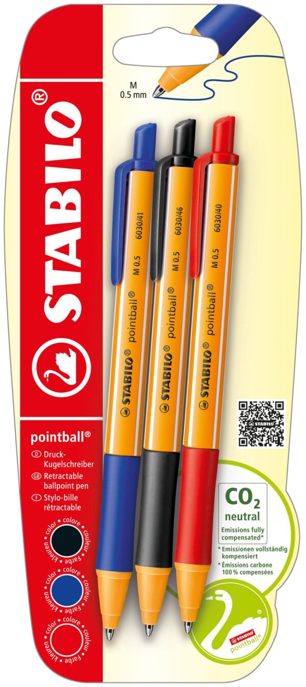 Blister x 3 STABILO pointball - noir + bleu + rouge - Carton de 10 pièces