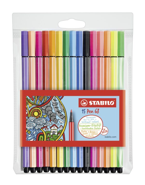 Etui carton x 15 STABILO Pen 68 - coloris assortis dont 5 fluo