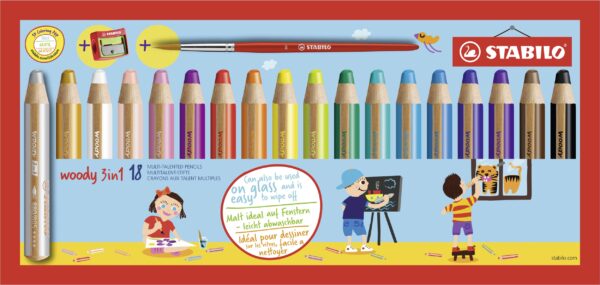 Etui carton x 18 STABILO woody 3 in 1 + 1 pinceau rond taille 8 + 1 taille-crayon - Carton de 2 pièces