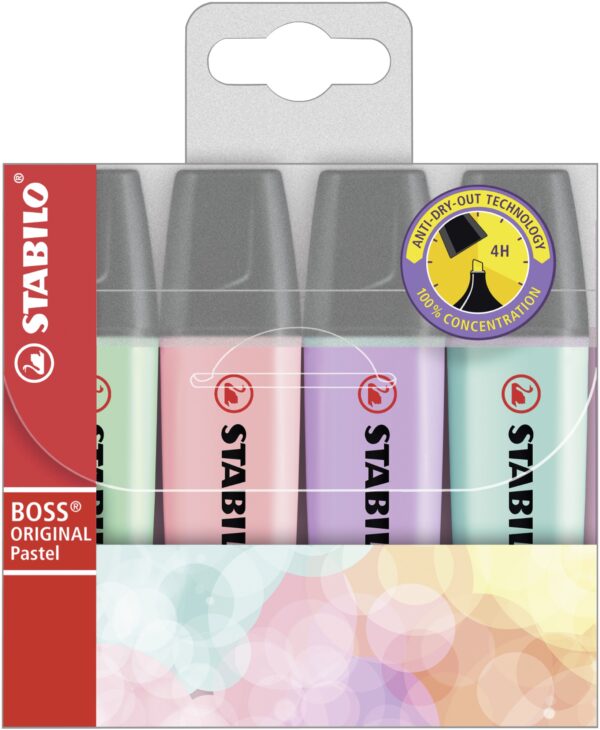 Pochette x 4 STABILO BOSS ORIGINAL Pastel - rose + lilas + turquoise + menthe