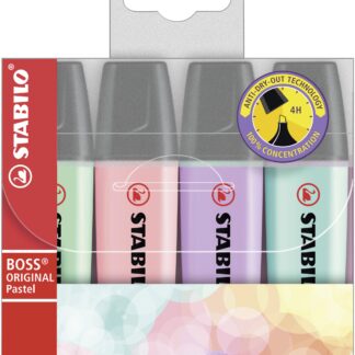 Pochette x 4 STABILO BOSS ORIGINAL Pastel - rose + lilas + turquoise + menthe - Carton de 5 pièces