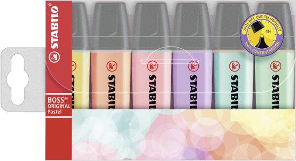 Pochette x 6 STABILO BOSS ORIGINAL Pastel - crème de jaune + brume de lilas + soupçon de rose + teint de pêche + touche de turquoise + menthe à l'eau - Carton de 5 pièces
