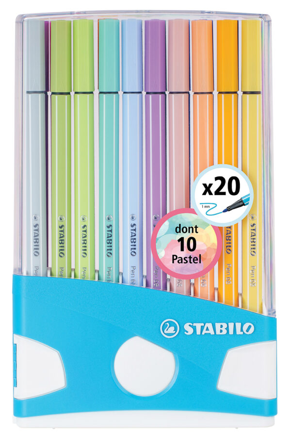 ColorParade x 20 STABILO Pen 68 boîtier turquoise - dont 10 pastel - Carton de 10 pièces