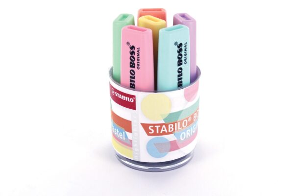 Pot x 6 STABILO BOSS ORIGINAL Pastel - touche de turquoise + menthe à l'eau + teint de pêche + soupçon de rose + crème de jaune + brume de lilas - Carton de 5 pièces