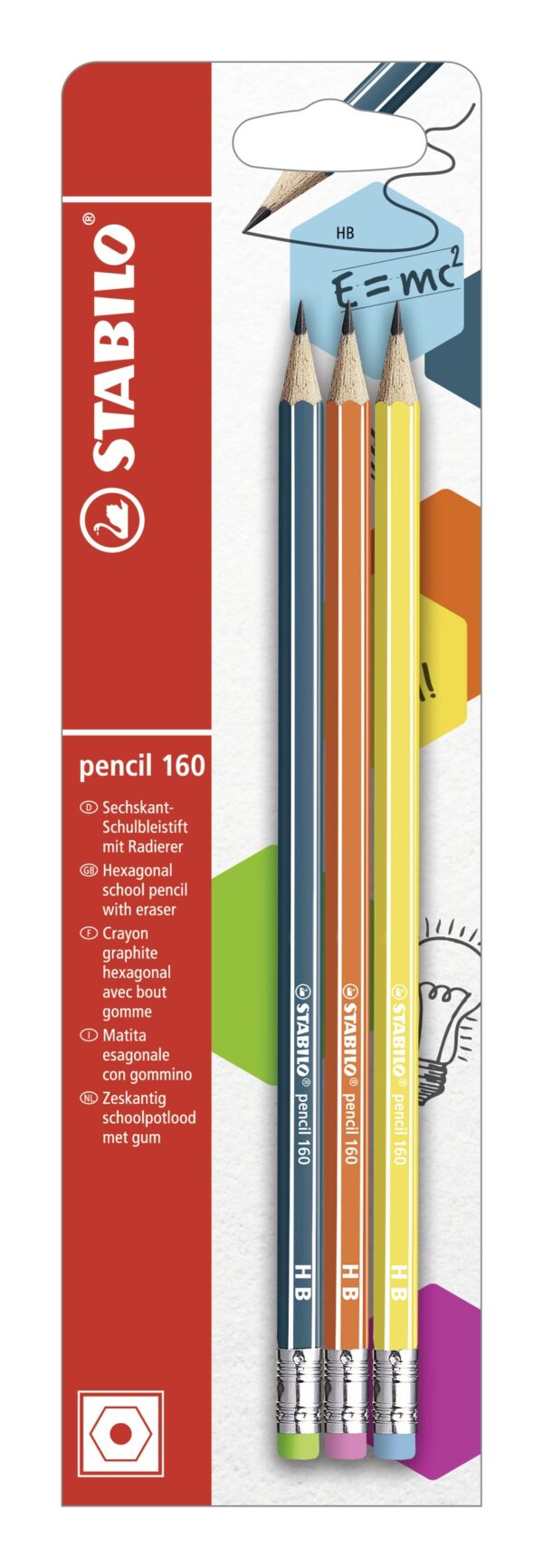 Blister x 3 STABILO pencil 160 bout gomme HB - bleu ardoise + orange + jaune