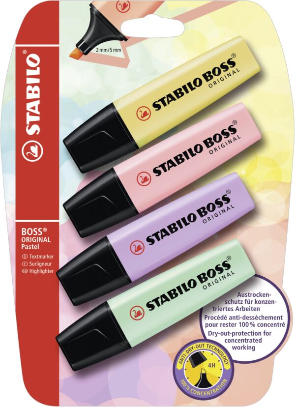 Blister carton x 4 STABILO BOSS ORIGINAL Pastel - jaune + rose + lilas + menthe - Carton de 10 pièces