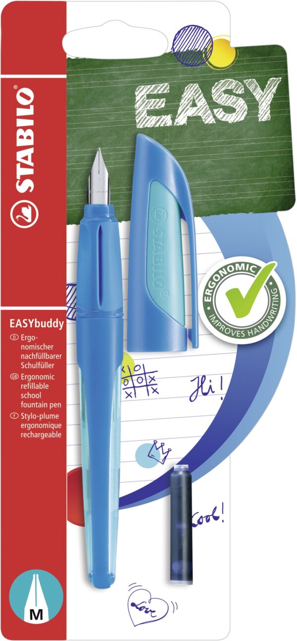 Blister carton x 1 STABILO EASYbuddy Plume M pour tous - bleu/turquoise
