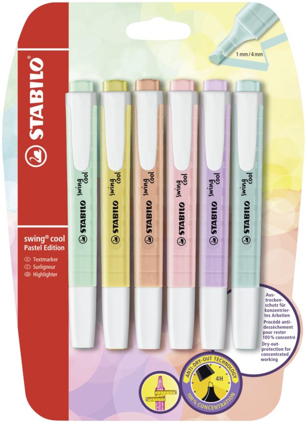 Blister x 6 STABILO swing cool Pastel - menthe à l'eau + crème de jaune + teint de pêche + soupçon de rose + brume de lilas + touche de turquoise