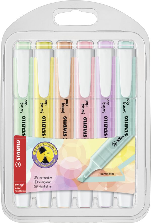 Pochette x 6 STABILO swing cool Pastel - menthe à l'eau + crème de jaune + teint de pêche + soupçon de rose + brume de lilas + touche de turquoise - Carton de 5 pièces