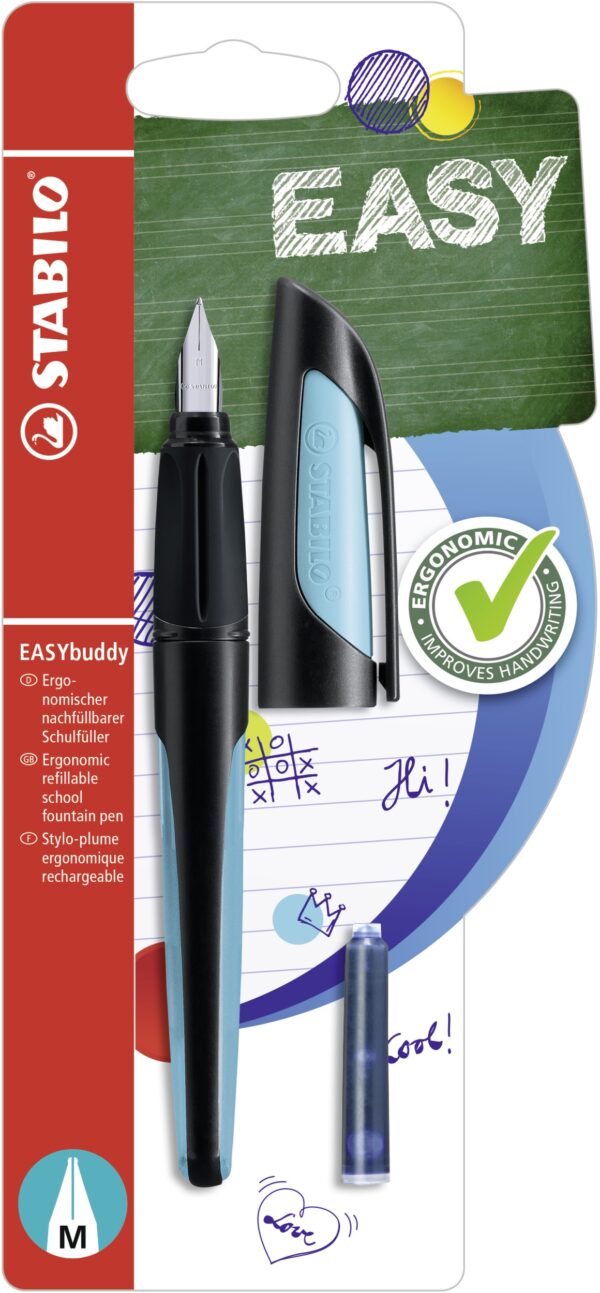 Blister carton x 1 STABILO EASYbuddy Plume M pour tous - noir/bleu