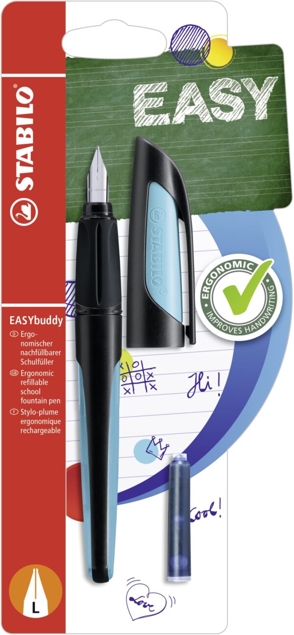Blister carton x 1 STABILO EASYbuddy Plume L spéciale gaucher - noir/bleu