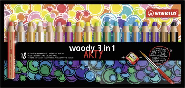 Etui carton x 18 STABILO woody 3 in 1 ARTY + 1 pinceau rond taille 8 + 1 taille-crayon