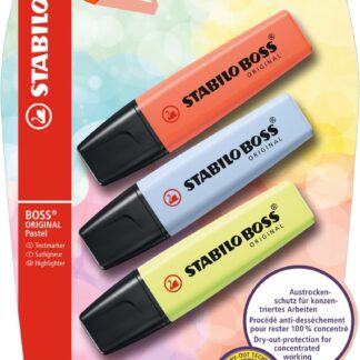 Blister carton x 3 STABILO BOSS ORIGINAL Pastel - citron vert + nuage de bleu + douceur de corail