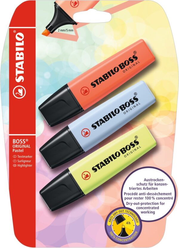 Blister carton x 3 STABILO BOSS ORIGINAL Pastel - citron vert + nuage de bleu + douceur de corail