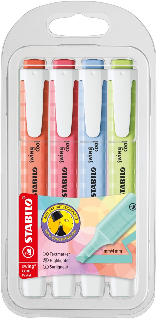 Pochette x 4 STABILO swing cool Pastel - citron vert + rose + bleu + corail