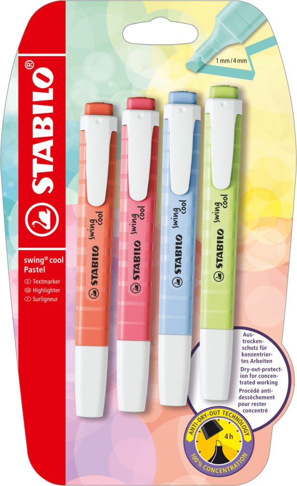 Blister x 4 STABILO swing cool Pastel - citron vert + rose + bleu + corail - Carton de 10 pièces