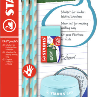 Schoolset x 2 STABILO EASYgraph S HB droitier + 1 taille-crayons EASYsharpener + 1 gomme - bleu ciel - Carton de 3 pièces