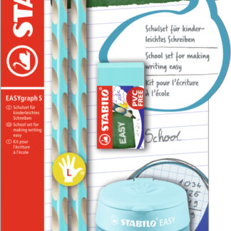 Schoolset x 2 STABILO EASYgraph S HB gaucher + 1 taille-crayons EASYsharpener + 1 gomme - bleu ciel