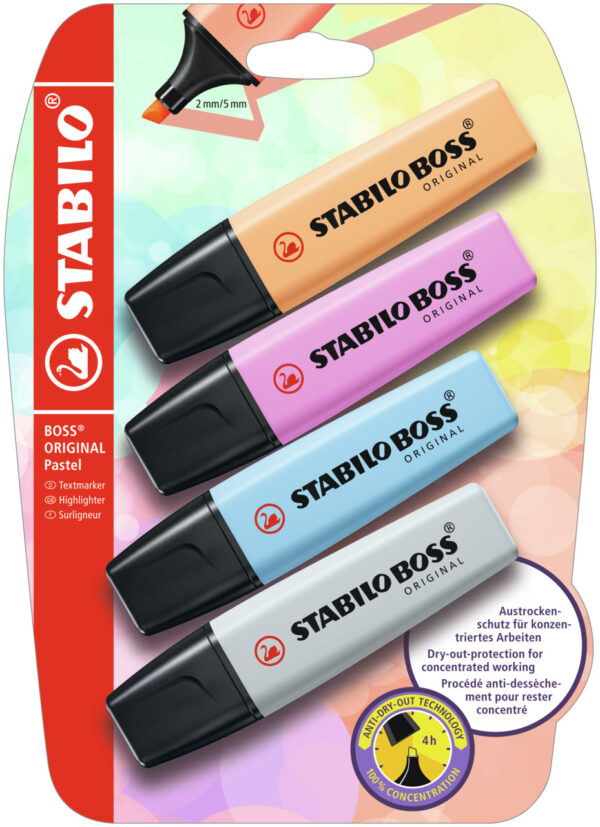 Blister carton x 4 STABILO BOSS ORIGINAL Pastel - abricot + bleu + mauve + gris