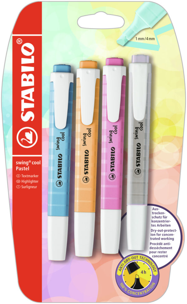 Blister x 4 STABILO swing cool Pastel - abricot + bleu + mauve + gris - Carton de 10 pièces