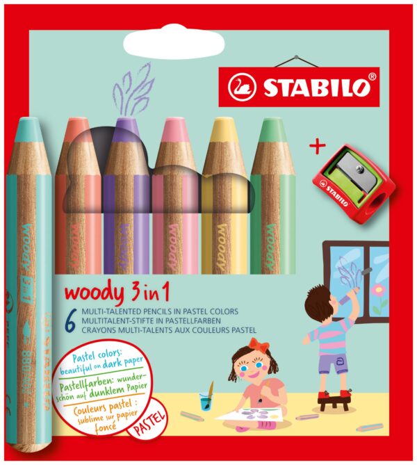 Etui carton x 6 STABILO woody 3 in 1 + 1 taille-crayons - coloris pastel - Carton de 5 pièces