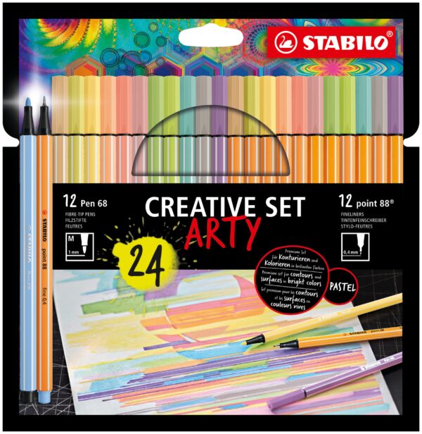Set créatif STABILO ARTY x 24 pièces : 12 STABILO Pen 68 + 12 STABILO point 88 - Carton de 10 pièces