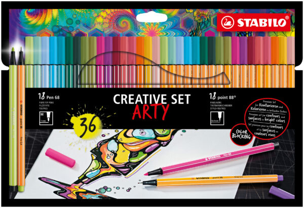 Set créatif STABILO ARTY x 36 pièces : 18 STABILO Pen 68 + 18 STABILO point 88