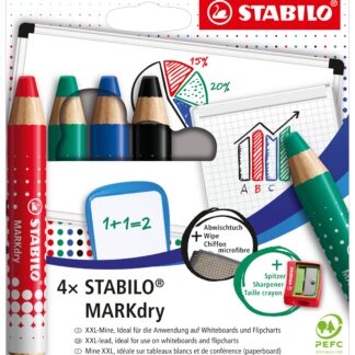 Etui carton x 4 STABILO MARKdry + 1 taille-crayon + 1 chiffonnette - rouge + bleu + vert + noir - Carton de 10 pièces