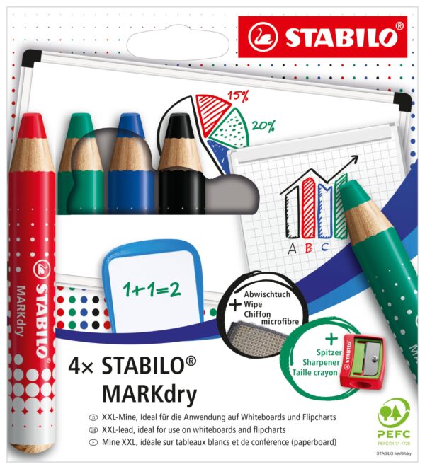Etui carton x 4 STABILO MARKdry + 1 taille-crayon + 1 chiffonnette - rouge + bleu + vert + noir