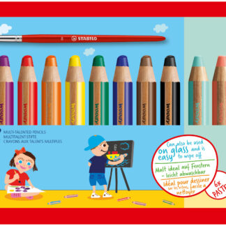 Etui carton x 18 STABILO woody 3 in 1 + 1 pinceau rond taille 8 + 1 taille-crayon - coloris assortis dont 6 pastel - Carton de 2 pièces