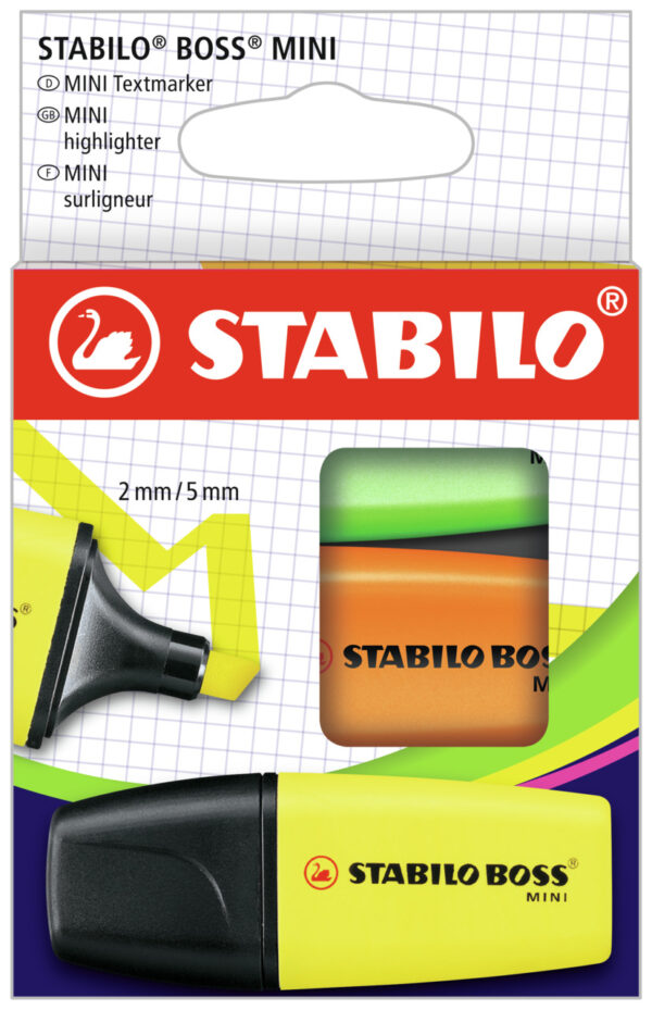 Etui carton x 3 STABILO BOSS MINI - jaune + orange + vert - Carton de 10 pièces