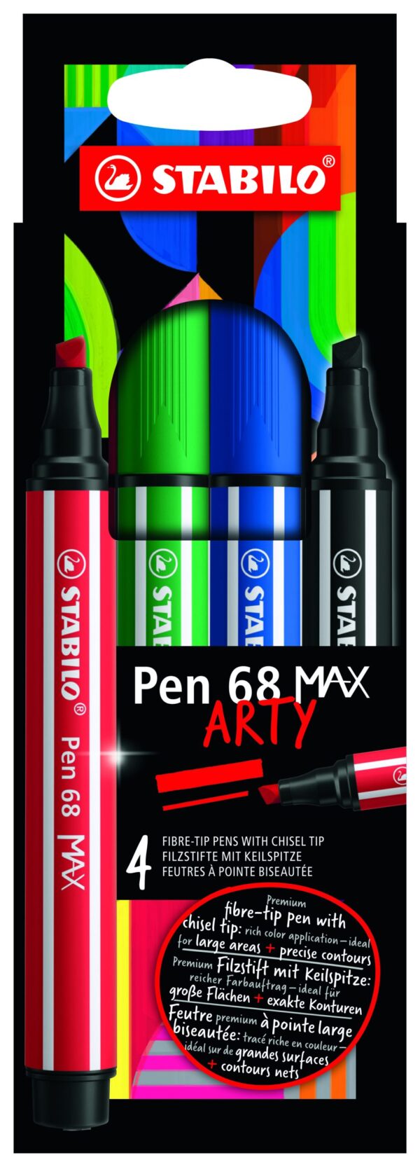 Etui carton x 4 STABILO Pen 68 MAX ARTY - noir + bleu + rouge + vert - Carton de 6 pièces