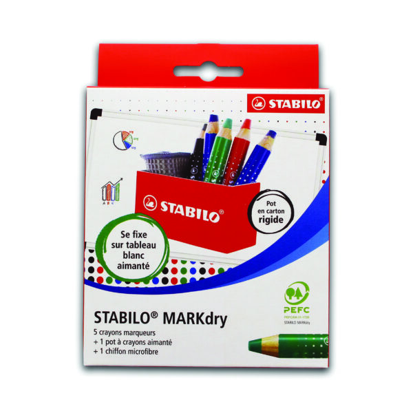 Pot aimanté x 5 STABILO MARKdry + 1 chiffonnette