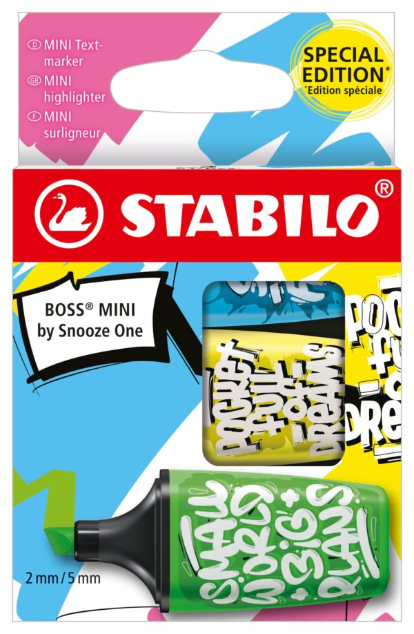 Etui carton x 3 STABILO BOSS MINI by Snooze One - vert + jaune + bleu